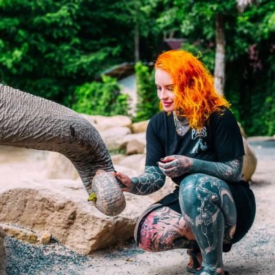 Girl feeding elephant